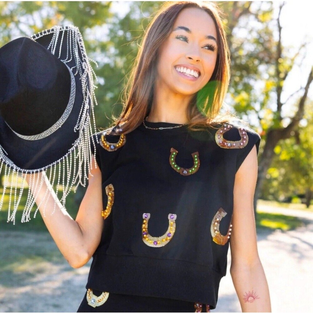QUEEN OF SPARKLES Top Black Sequin Horseshoe Padded Shoulder Cap Sleeves L